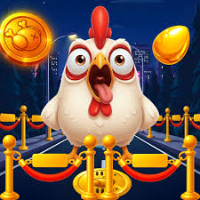 Funny Chicken Catcher gameplay showing white chicken collecting golden eggs with power-ups and farm obstacles